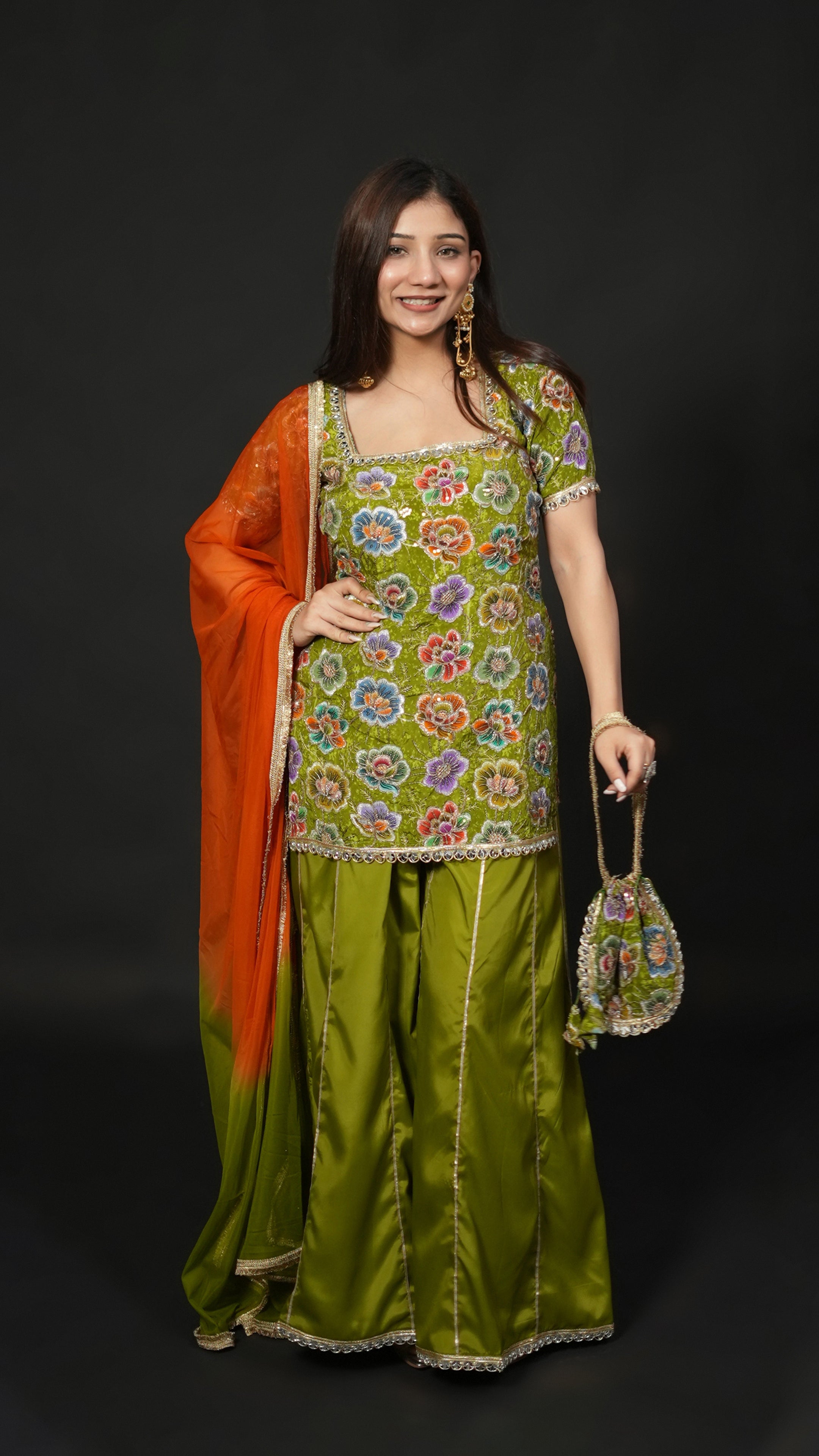 Phoolwari – Pure Crepe Handwork Sharara Set with Potli