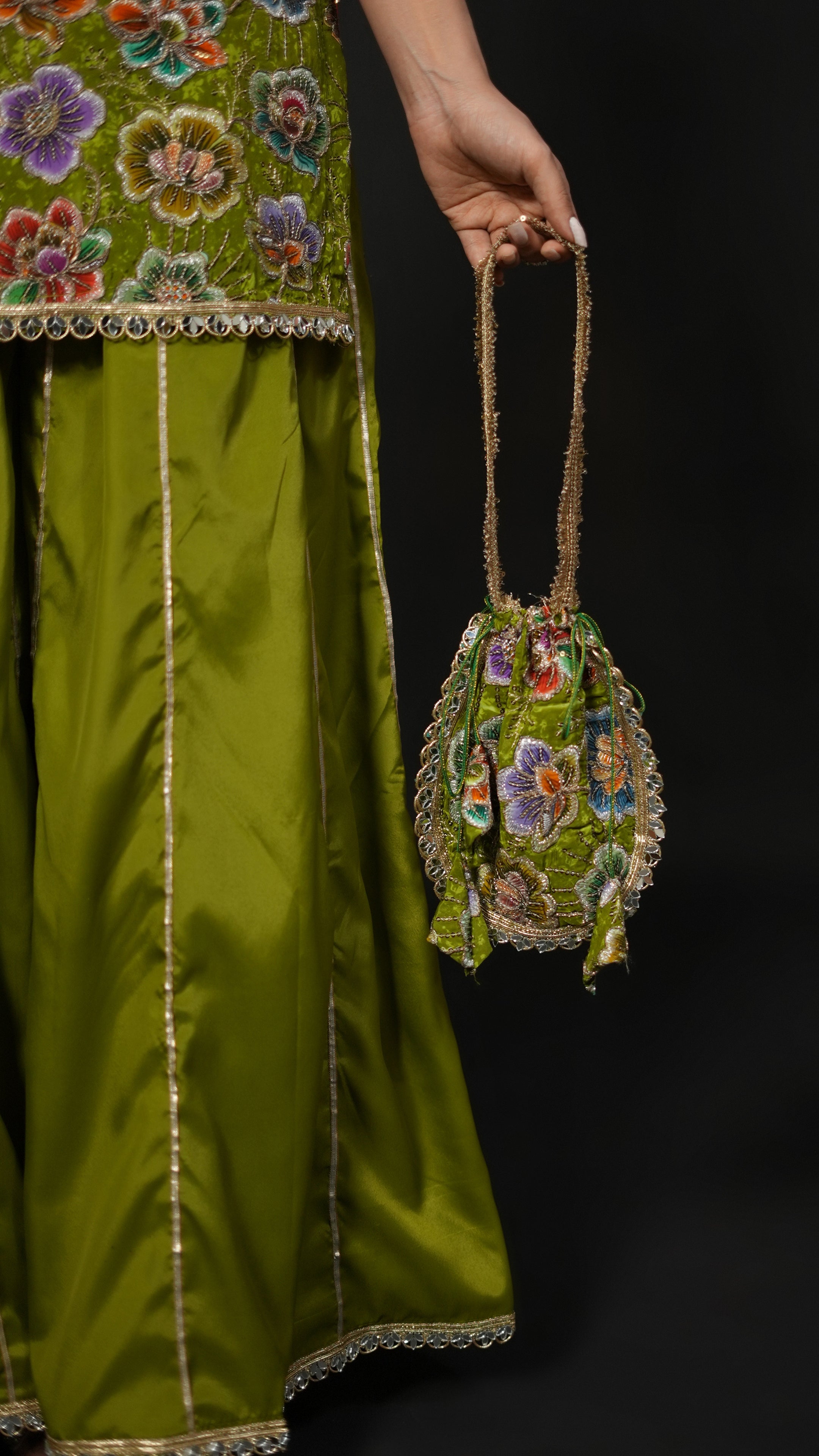 Phoolwari – Pure Crepe Handwork Sharara Set with Potli