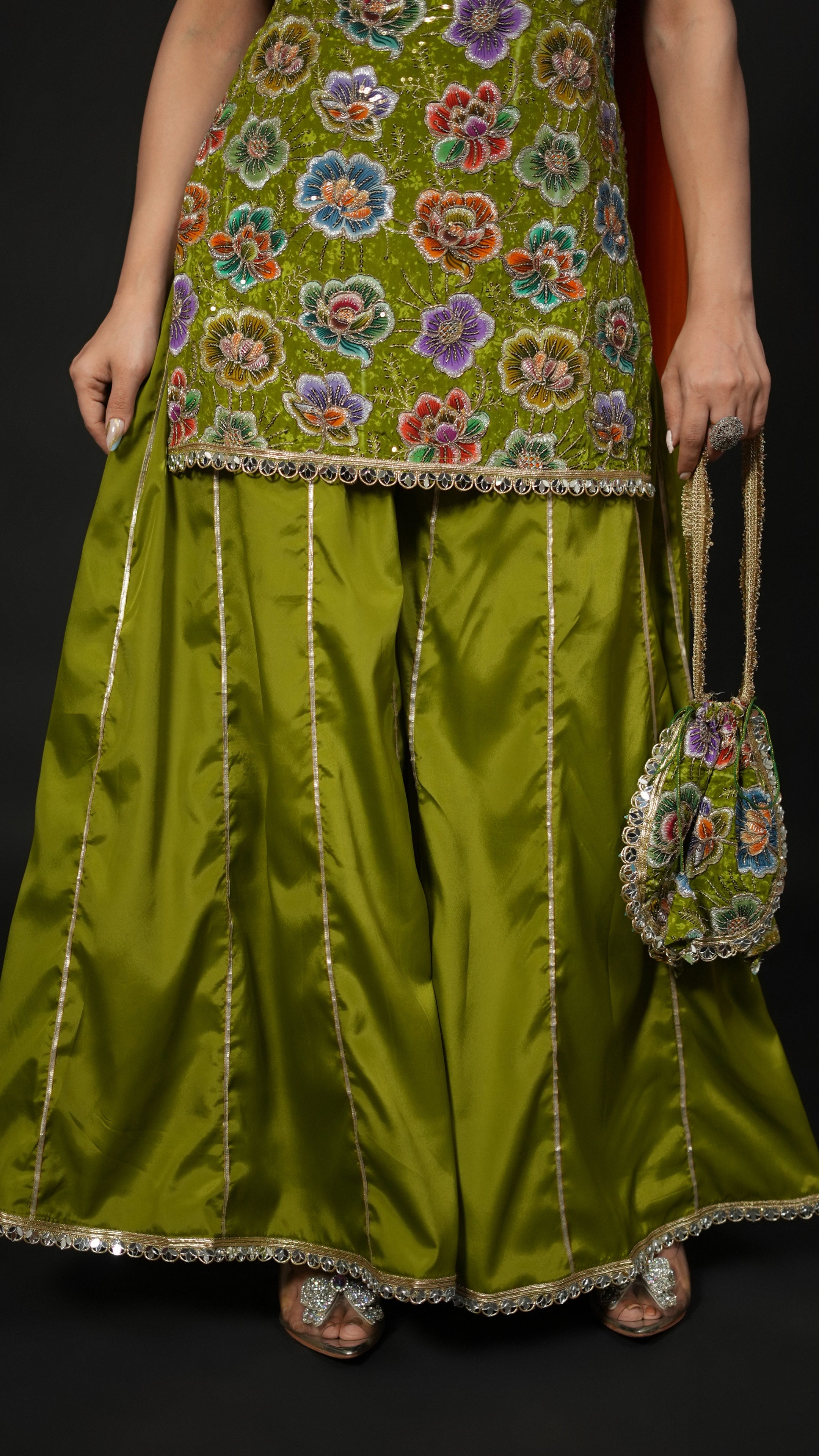 Phoolwari – Pure Crepe Handwork Sharara Set with Potli