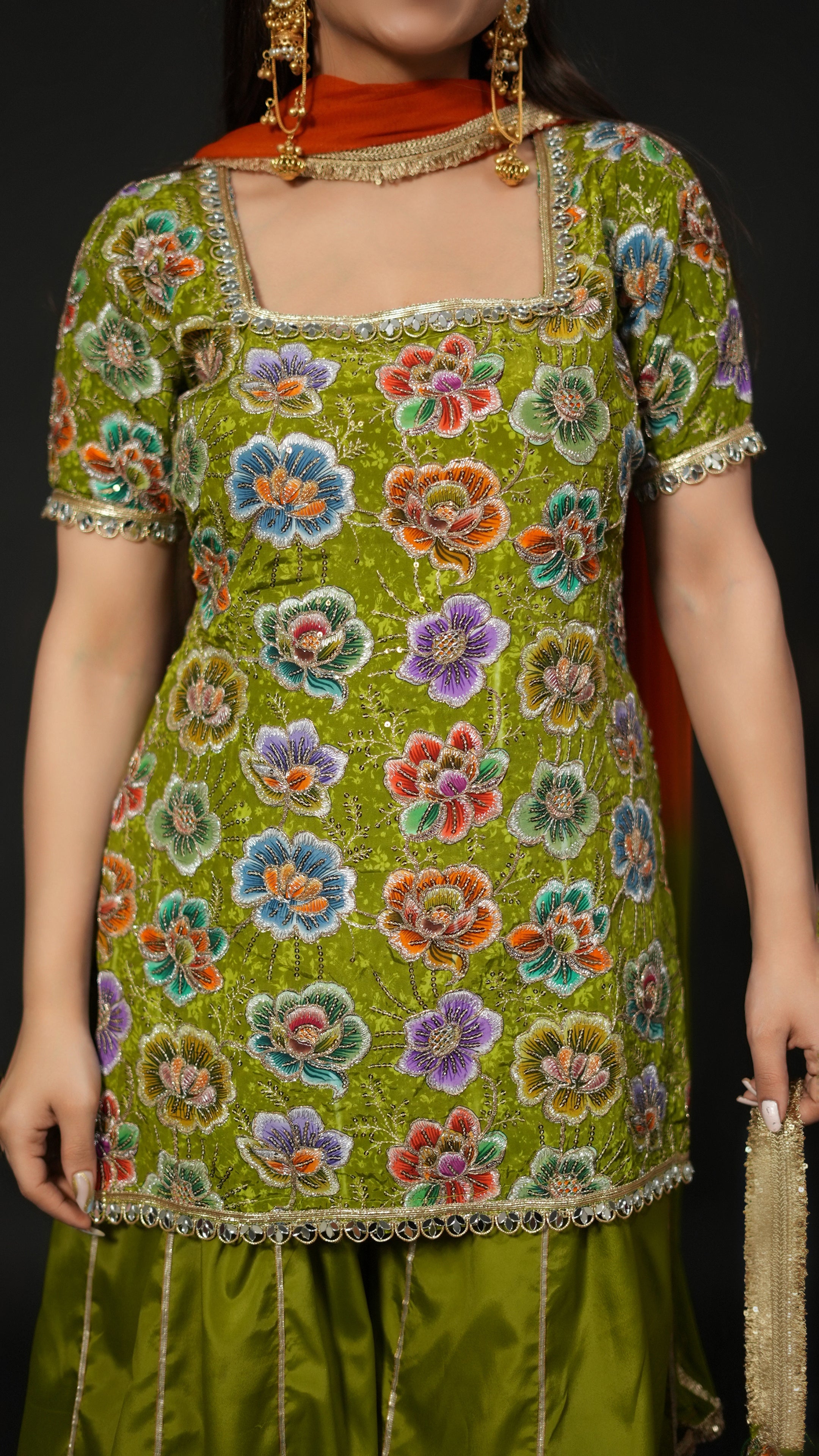 Phoolwari – Pure Crepe Handwork Sharara Set with Potli